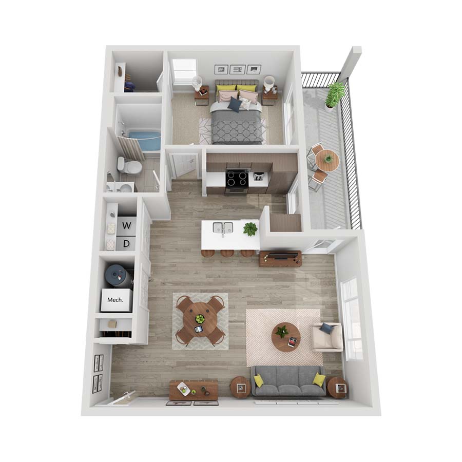 Rendering of the A1D floor plan with 1 bedroom[s] and 1 bathroom[s] at Farm Haus