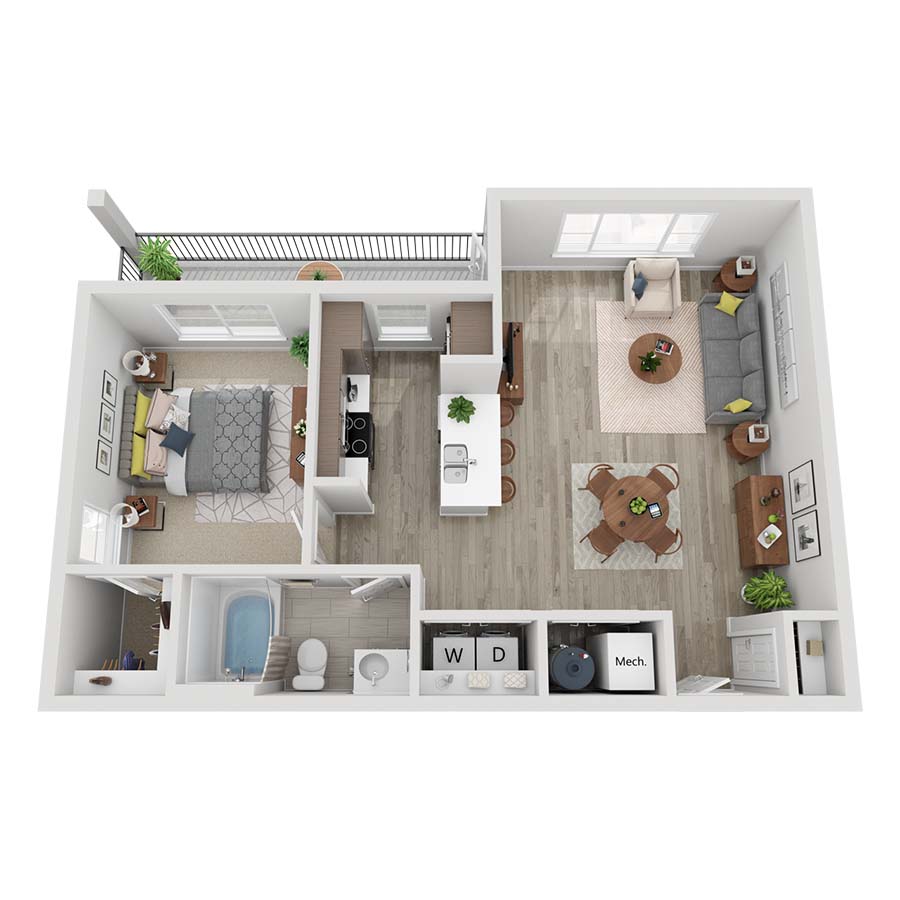 Rendering of the A1A floor plan with 1 bedroom[s] and 1 bathroom[s] at Farm Haus