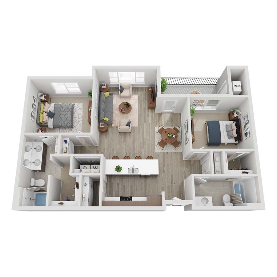 Rendering of the B2C floor plan with 2 bedroom[s] and 2 bathroom[s] at Farm Haus