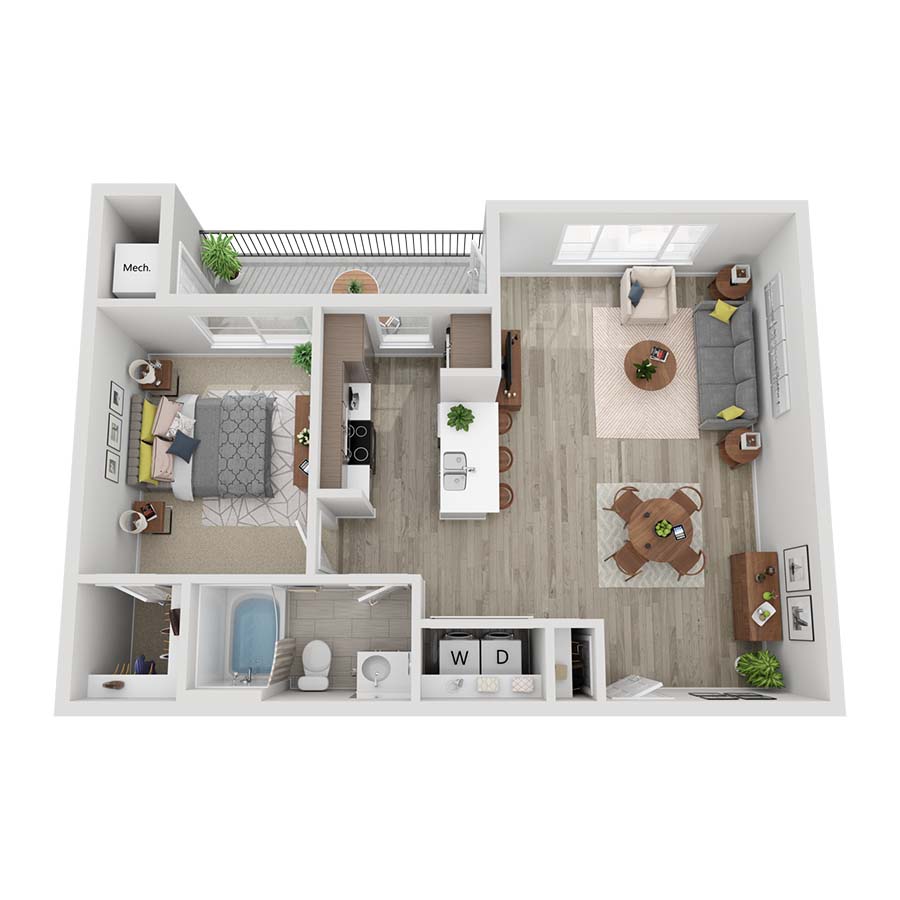 Rendering of the A1E floor plan with 1 bedroom[s] and 1 bathroom[s] at Farm Haus