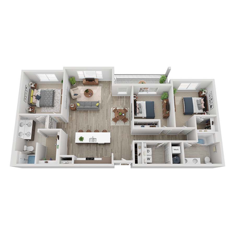 Rendering of the C2B floor plan with 3 bedroom[s] and 2 bathroom[s] at Farm Haus