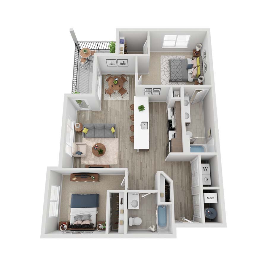 Rendering of the B2B floor plan with 2 bedroom[s] and 2 bathroom[s] at Farm Haus
